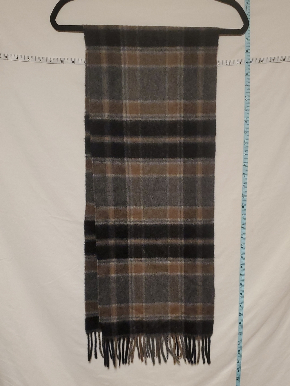 Marshall Fields Cashmere Brown Gray Plaid Fringe Scarf 60x12 In Luxury Warm Soft